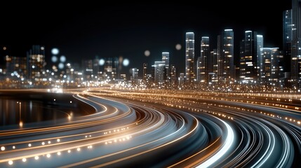 Obraz premium High-speed light trails race through an urban tunnel, highlighting digital data flow with city silhouettes on the sides in a sleek, dark environment