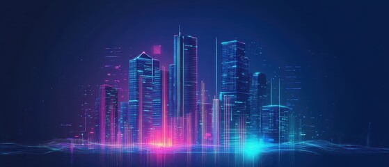 Fototapeta premium A futuristic city skyline illuminated with vibrant lights and digital elements against a dark background.