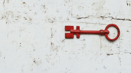 A solitary red antique key with aged patina, resting elegantly on a pure white background