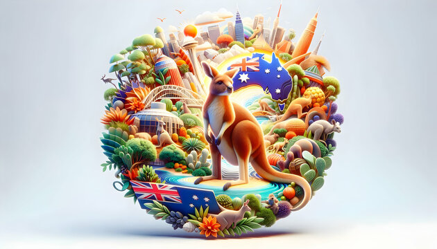 3D Macro Close up of Australian Wildlife for Australia Day concept as Macro close up of iconic Australian wildlife such as a kangaroo or koala vibrant colors symbolizing national pride and natural bea