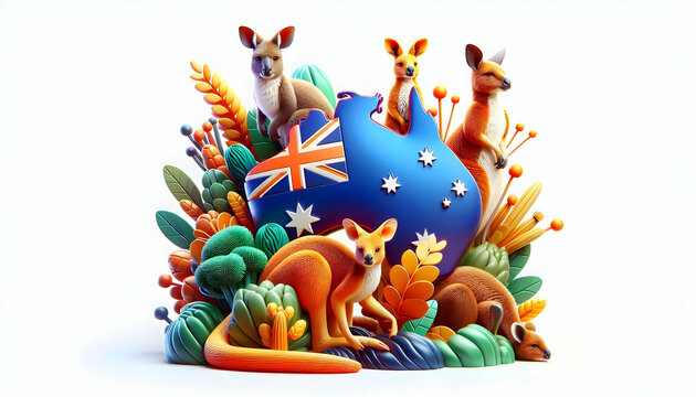 3D Macro Close up of Australian Wildlife for Australia Day concept as Macro close up of iconic Australian wildlife such as a kangaroo or koala vibrant colors symbolizing national pride and natural bea