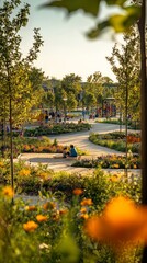 Serene park setting with families enjoying nature in the afternoon
