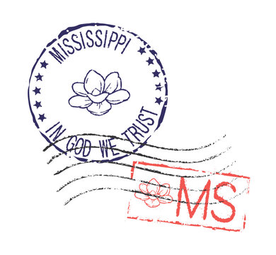 Postal rubber stamps MISSISSIPPI and MS zip code abbreviation, along with the state symbol. Retro seals for letter envelopes, greeting cards, passports, parcels.