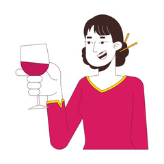 Fototapeta premium Smiling chinese woman with chopsticks hair bun toasting wineglass 2D cartoon character. Asian lady wine drink cheers isolated person flat vector on white background. Spot illustration colorful