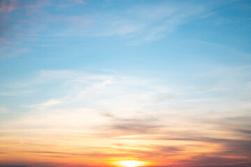 Sky,sunset, beautiful , luxury soft gradient orange gold clouds and sunlight on the blue sky perfect for the background, Sunrise on morning or everning in winter warm time ,Twilight summer,silhouette
