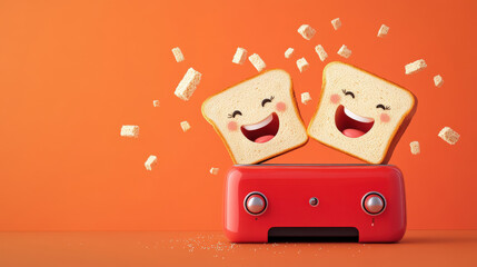 Happy Toast Characters Emerge from Cheerful Red Toaster with Flying Bread Crumbs against Vibrant Orange Background