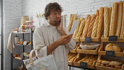Young man in a bakery room looking surprised while holding a list, surrounded by various types of...