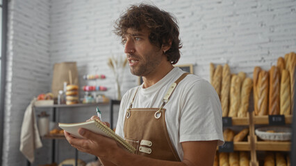 Young man taking notes in a bakery room with shelves of bread visible in the background, wearing a...