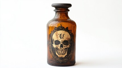An antique poison bottle in dark amber glass with a vintage skull label, set against white
