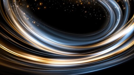 High-speed light trails race through an urban tunnel, highlighting digital data flow with city silhouettes on the sides in a sleek, dark environment