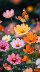 Colorful flowers with butterfly in a blooming garden in spring
