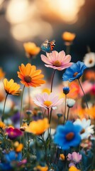 Colorful flowers and butterfly in a vibrant garden at sunset
