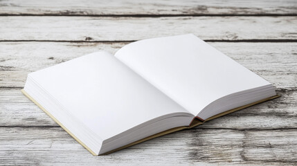 Open blank book on rustic wooden table, inviting creativity and imagination in a tranquil setting. Perfect for writing, sketching, or planning ideas.