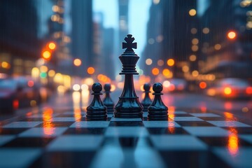 A stylish chess set on a city street, illuminated by evening lights.