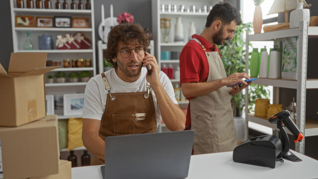 Men working together as shop assistants in a home decor store, one talking on the phone while the other uses a tablet in an indoor setting filled with various decorative items and boxes.