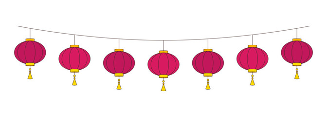 Paper lanterns hanging on string 2D cartoon object. Lunar new year decoration. Lantern festival. Chinese ornaments isolated element flat vector clipart on white background. Spot illustration © IMGvisualsCharacters
