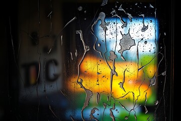 Fototapeta premium Cracked Glass Art. Abstract image of cracked glass with colorful blurred background, creating a unique and artistic visual effect.