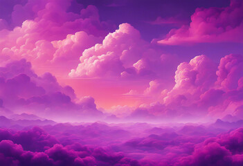 Surreal and vibrant sky filled with fluffy, voluminous clouds in various shades of pink and purple.