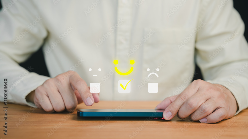 Aufkleber Customer using a smartphone select a happy face icon from a feedback scale with emoji options, symbolizing customer satisfaction, review, and positive user experience in an online feedback system.
