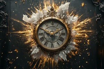 A vintage clock exploding with golden light and surrounded by crystals.