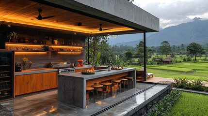 Fototapeta premium Modern Outdoor Kitchen with Rice Paddy Views: A sleek, contemporary outdoor kitchen with a stunning view of lush rice paddies. The design features a concrete counter, wooden cabinetry.