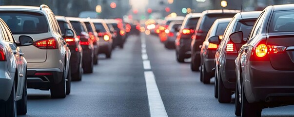 Obraz premium A line of cars in a traffic jam, showing the hustle and bustle