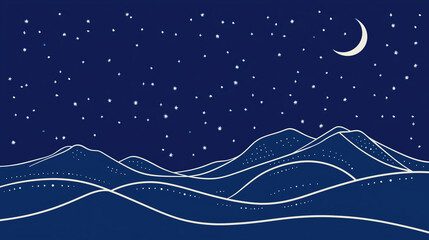 A starry night with a crescent moon above a snowy hill, minimalist line-art design, greeting card, website banner