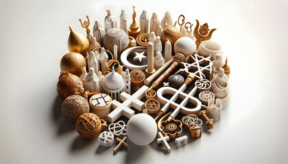 3D Macro Religious Ritual Tools concept as Macro close up of tools used in religious rituals from different faiths representing diversity and tradition for World Religion Day magazine advertisement wi