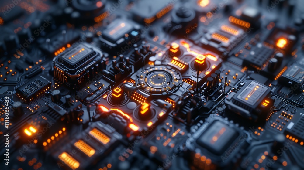 Poster abstract high-tech background, 3d rendering of technological circuits and chips.
