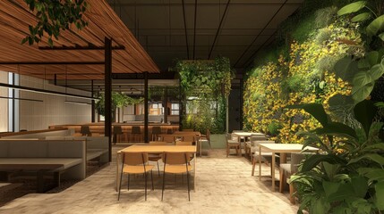 Innovative coworking space with a natural color palette, energy-saving fixtures, and vertical gardens enhancing the ambiance