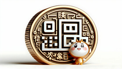 3D Macro shot of a Chinese coin with QR code engraved copy space to the right. concept as An extreme close up of a traditional Chinese coin featuring an engraved QR code symbolizing the digitalization
