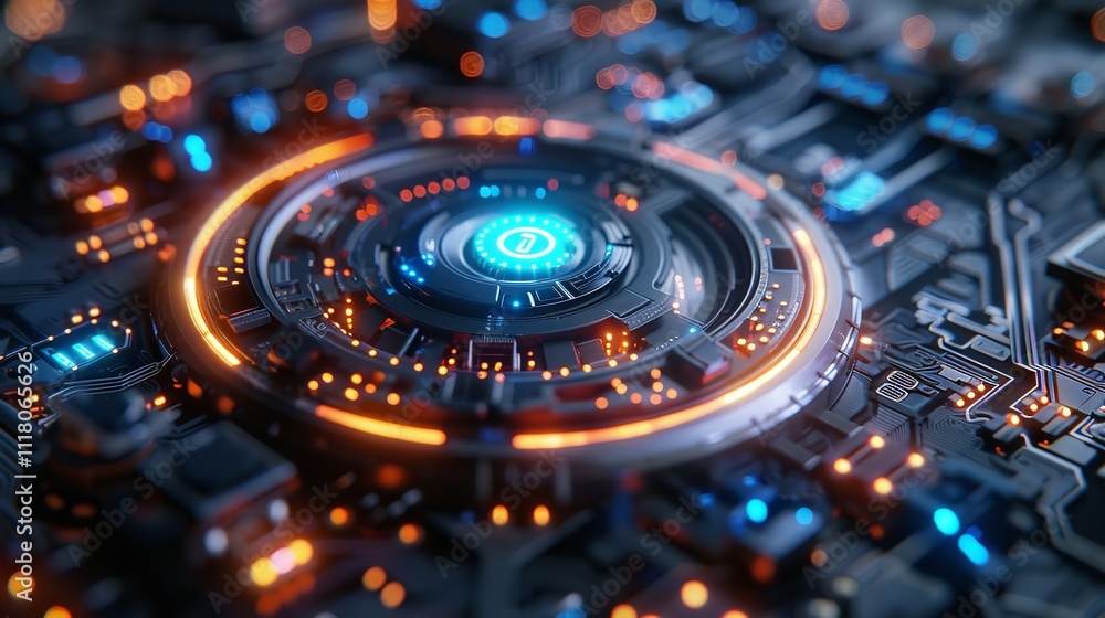 Poster abstract high-tech background, 3d rendering of technological circuits and chips.