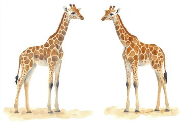 Fototapeta premium Two giraffes standing side by side in a watercolor style illustration.