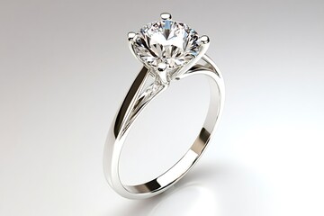 Beautiful solitaire diamond ring with white gold or platinum band is sparkling on a reflective surface, creating a luxurious and elegant image