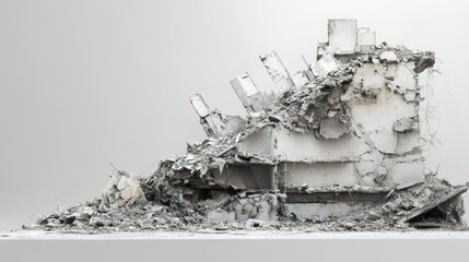 Fototapeta premium Collapsed remains of a building with distinct layers of destruction, captured on a plain white