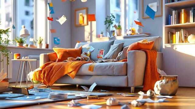 A messy living room with an orange throw blanket on the couch.