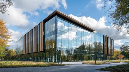 Obraz premium A modern glass building with reflections of clouds, blending nature