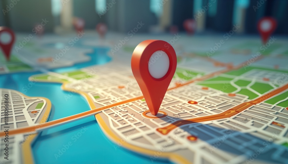 Aufkleber Illustration shows 3d gps map pointer on city map. Navigation concept. Modern tech map with highlighted route. Realistic city map. Detailed street view. User friendly interface. Find location. Modern