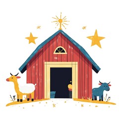 Naklejka premium Flat-Design Nativity Barn with vibrant tones on a white background.