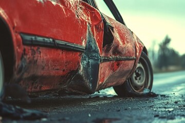 Close-up view capturing the damage on a red car following a traffic accident, revealing the severity of the impact and raising important road safety concerns