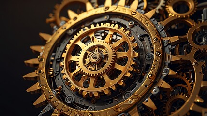 Obraz premium A gold, intricate flower shaped clockwork mechanism with gears and small details sits on a dark wooden surface
