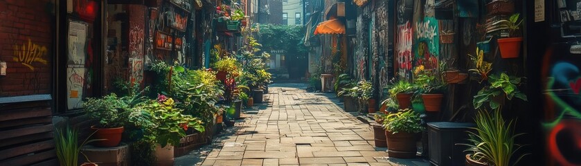 Obraz premium A narrow alley filled with plants and graffiti, capturing hidden city charm