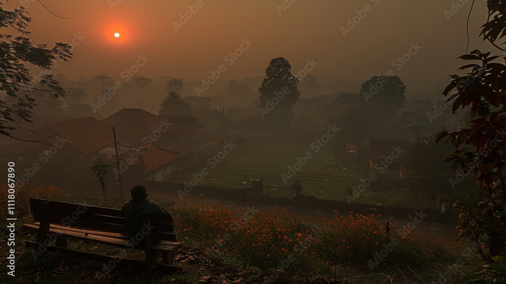 Poster a man sits on a bench in a field with a sunset in the background