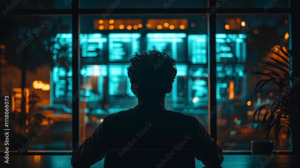 Aufkleber night city programmer man coding at night window