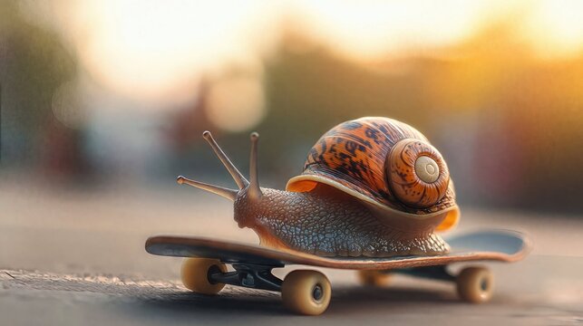 Whimsical macro photograph of garden snail riding skateboard in golden sunset light. Creative concept art combines nature and urban culture with detailed shell texture and warm lighting