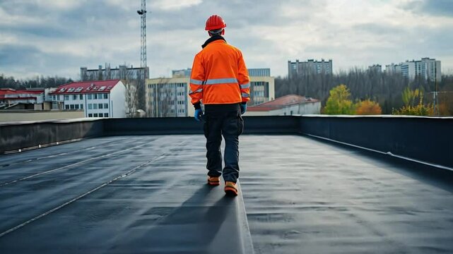 A construction worker walks across a flat roof in a safety vest and hard hat.