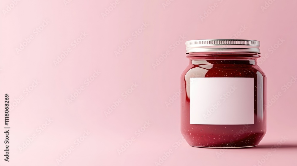 Poster minimalist jar of raspberry jam with a blank label placed elegantly on a pastel pink background