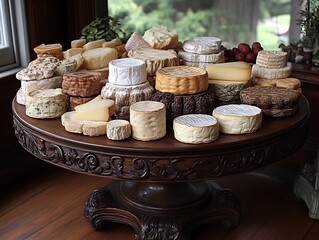 Assorted Cheeses Displayed on Ornate Wooden Table