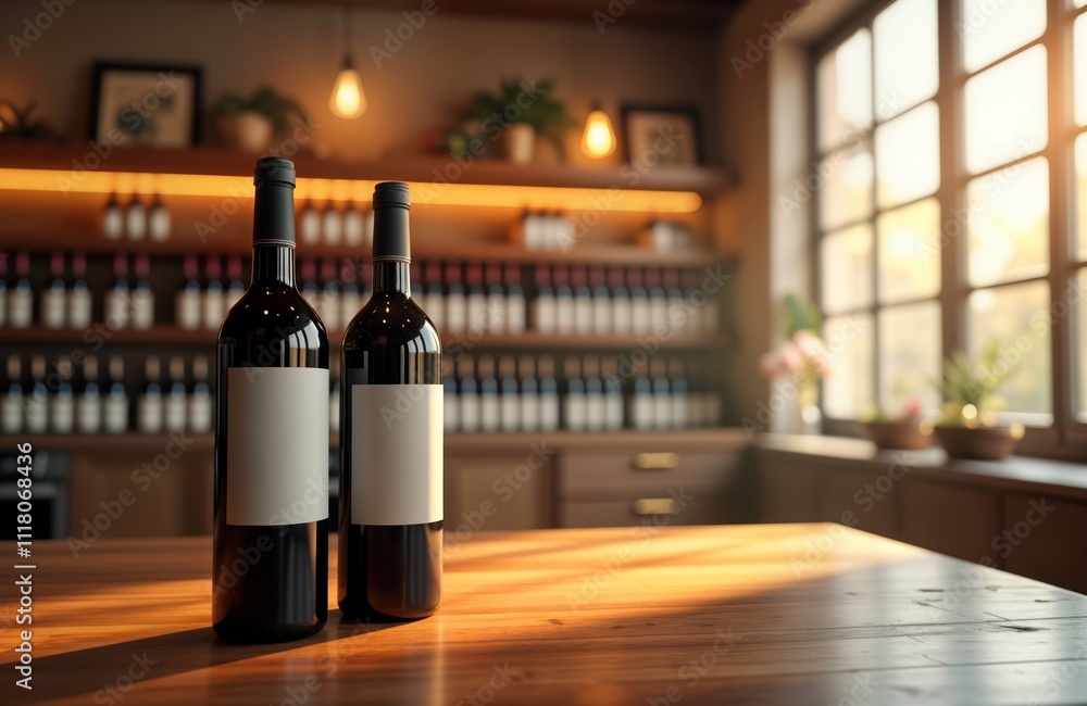 Poster Two wine bottles with blank labels sit on wooden table in blurred wine shop. Blurred background shows shelves filled with bottles. Natural light shines through window. Tech-created background,