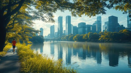Obraz premium A person jogging along a river with skyscrapers reflecting, a mix of nature and city